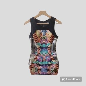 Akira Chicago Women Peacock Feather Print Body Con Midi Dress Black Label Small